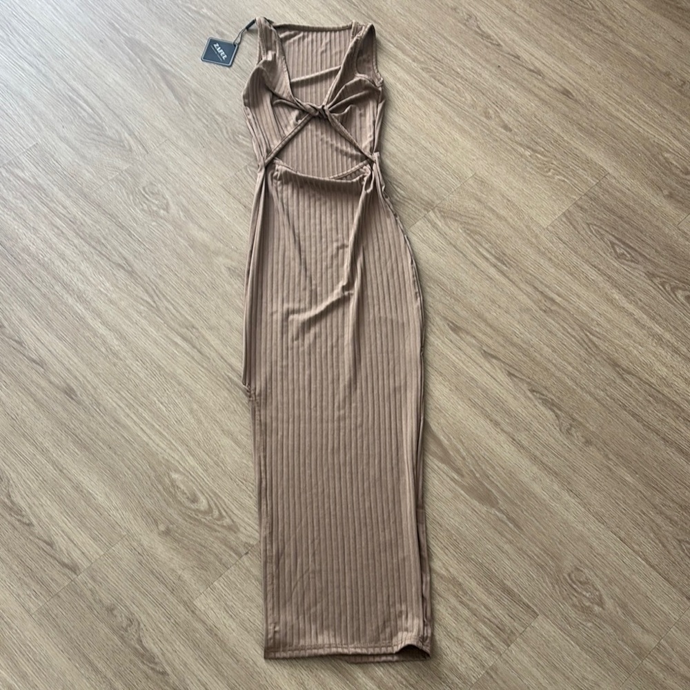 Zaful Brown Ribbed Cutout Maxi Dress